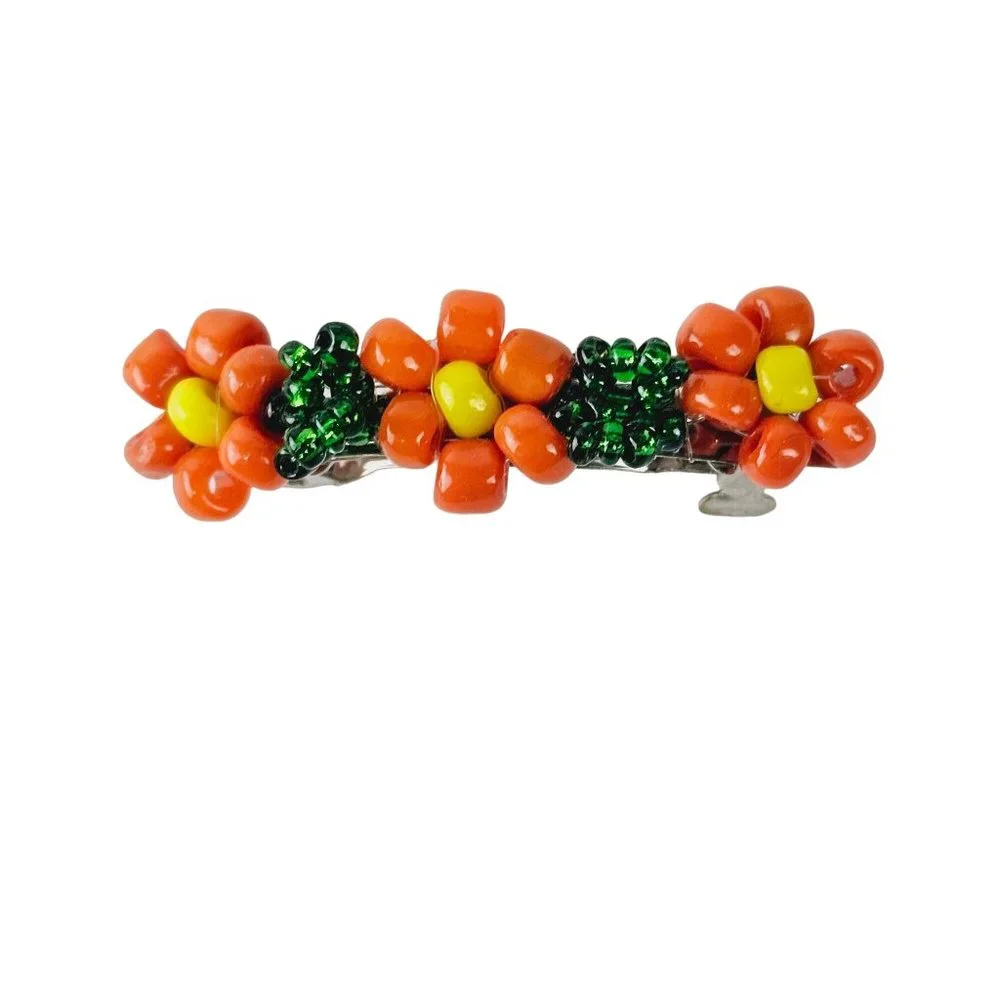 Vintage 1980's Orange Beaded Flower Mini Barrette Set - Picture 3 of 4